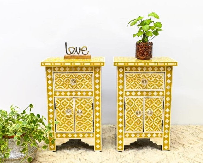 Handmade bone inlay yellow bedside table pair