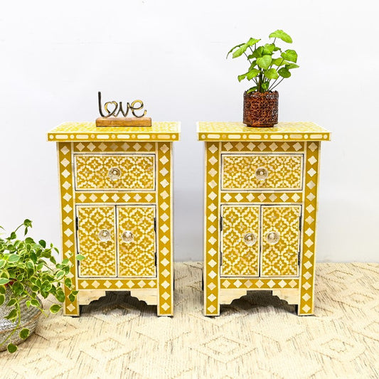 Handmade bone inlay yellow bedside table pair
