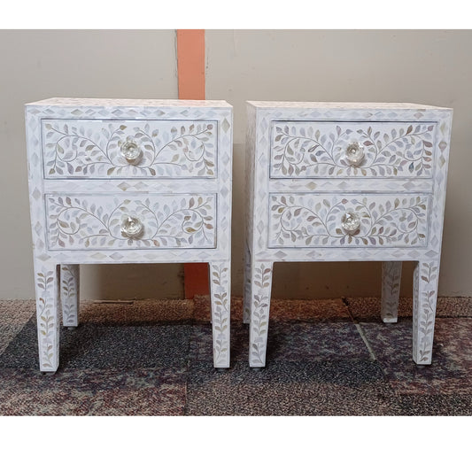 Mother of pearl handmade white bedside table pair