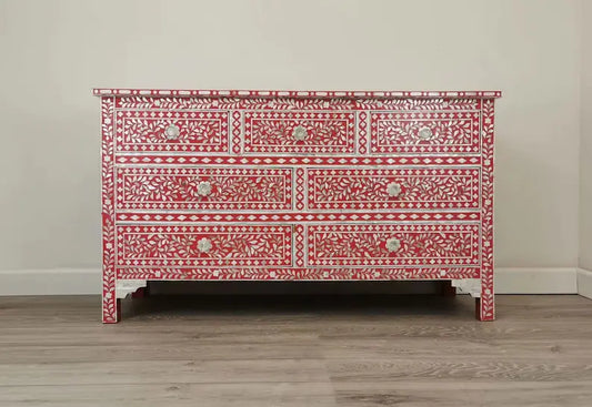 Mother of pearl inlay seven drawer chest, MOP red chest of drawer