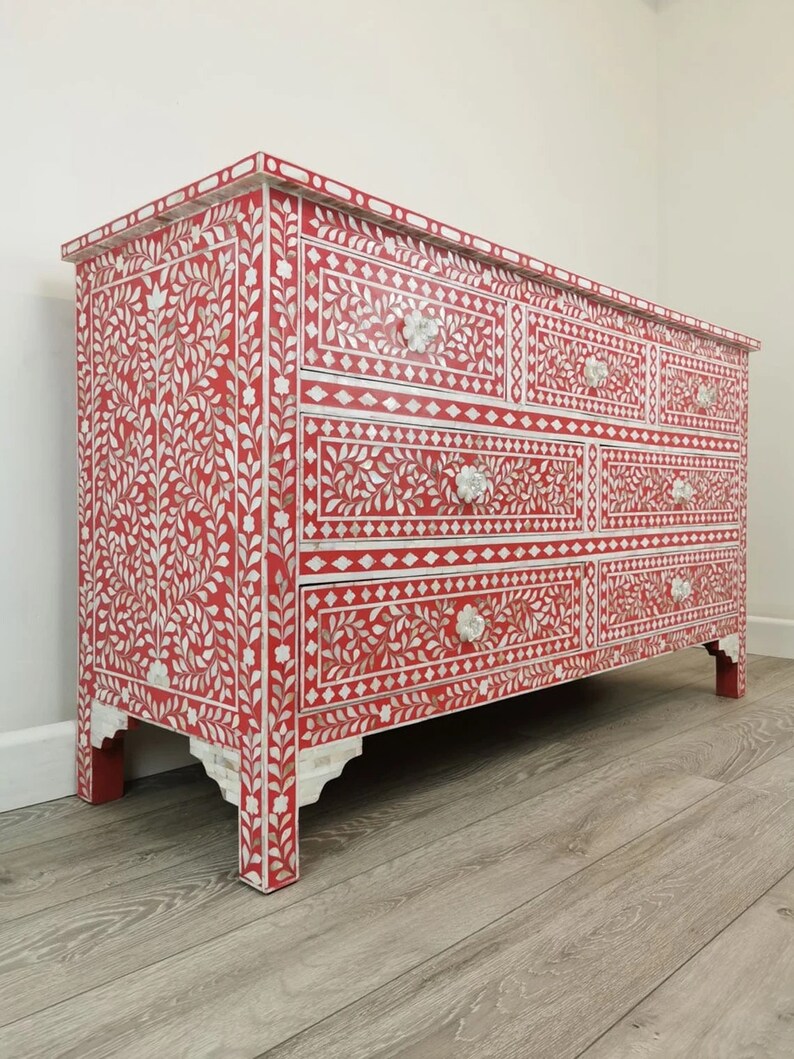 Mother of pearl inlay seven drawer chest, MOP red chest of drawer