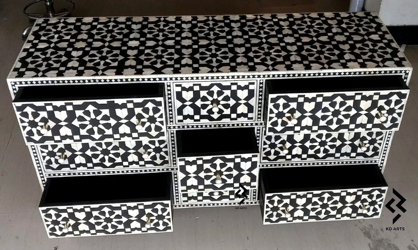 Nine drawers bone inlay chest/ Black Moroccon Bone inlay dresser/ Storage unit