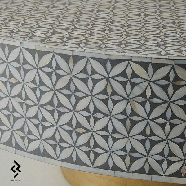 Mother of pearl coffee Table/ Round coffee table/ Mother of pearl Grey coffee table/ Grey geometric coffee table