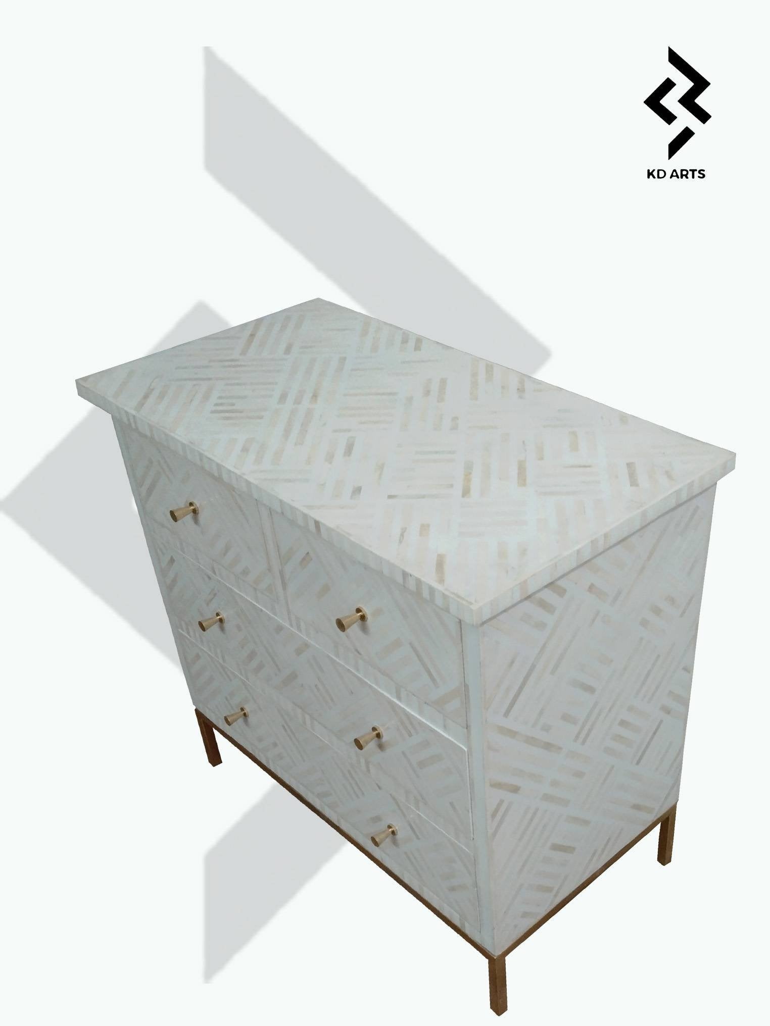 Four drawers bone inlay chest/ Storage unit/Bone Inlay Dresser white/ Inlay Cupboard white/ Chest of Drawers in White criss cross pattern