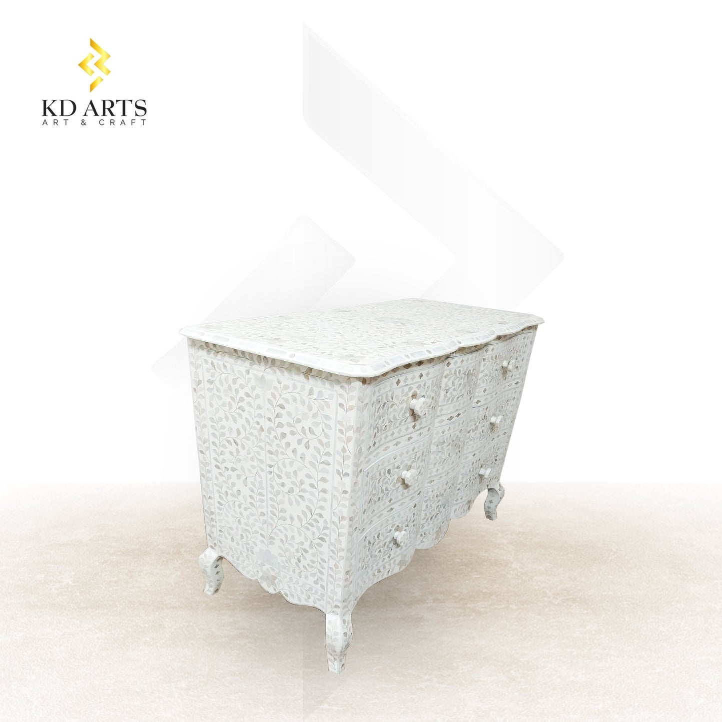 Handmade Mother of pearl three drawer chest, MOP White flower design chest, Mother Of Pearl white Dresser Table, MOP White Storage unit