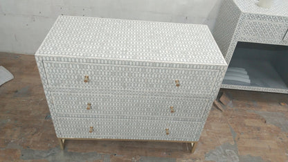 Handmade bone inlay three drawer grey chest, Bone inlay grey chest of drawer, bone inlay grey dresser table, Bone inlay grey storage unit