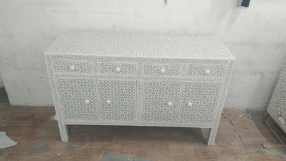 Bone Inlay Handmade Grey Entryway Cabinet, Bone Inlay Grey Dresser Table, Bone Inlay Grey Storage Unit, Bone Inlay Four Drawer Grey Cabinet