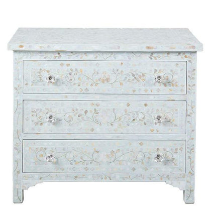 Handmade Mother of pearl three drawer chest, MOP White flower design chest, Mother Of Pearl white Dresser Table, MOP White Storage unit