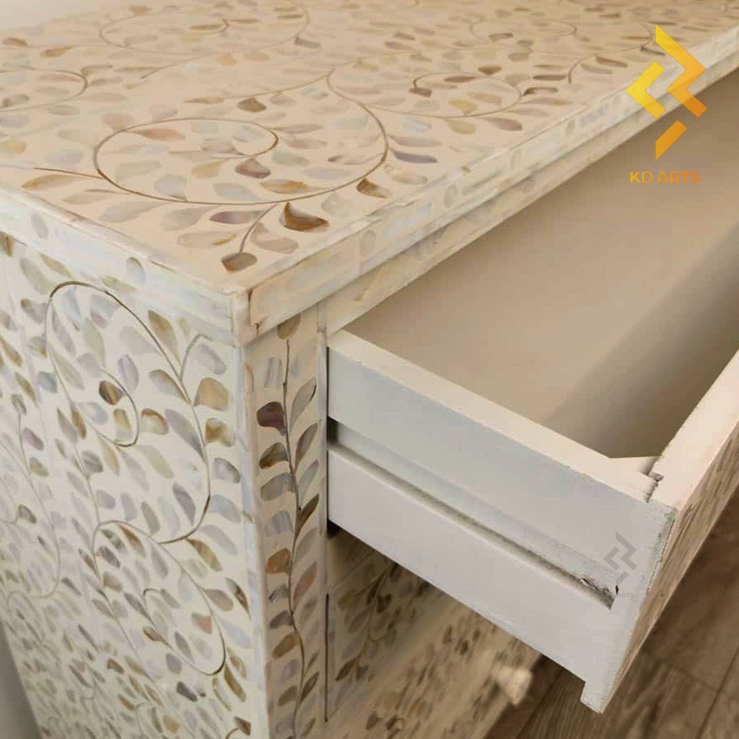 Handmade Mother Of Pearl Four Drawers Chest, Mother Of Pearl white Storage Unit, MOP white Dresser Table, MOP white Chest Of Drawer