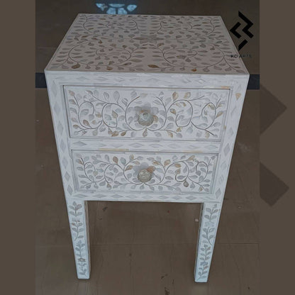 Handmade mother of pearl white bedside table, Mother of pearl white side table, Bone Inlay Handicraft Furniture