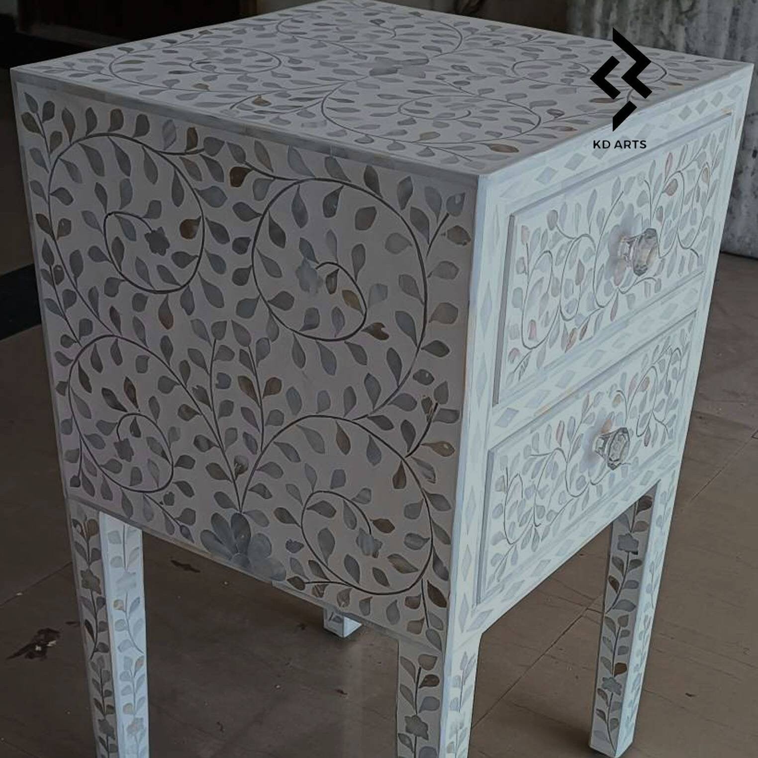 Handmade mother of pearl white bedside table, Mother of pearl white side table, Bone Inlay Handicraft Furniture