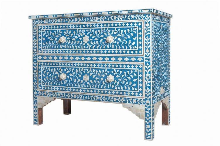Bone inlay handmade blue chest of drawer, Bone inlay six drawer chest, Bone inlay blue dresser table, Bone inlay blue storage unit