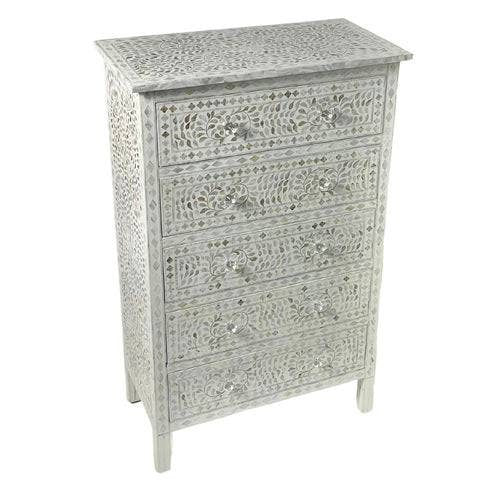 Mother of pearl white tall boy, Mother of pearl tall boy, White tall boy, White chest of drawer, MOP chest of drawer, MOP storage unit