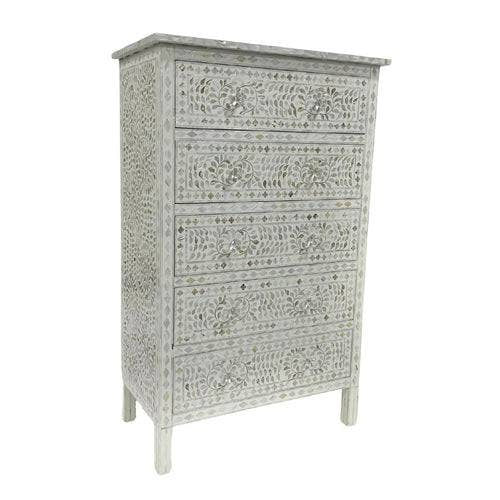 Mother of pearl white tall boy, Mother of pearl tall boy, White tall boy, White chest of drawer, MOP chest of drawer, MOP storage unit