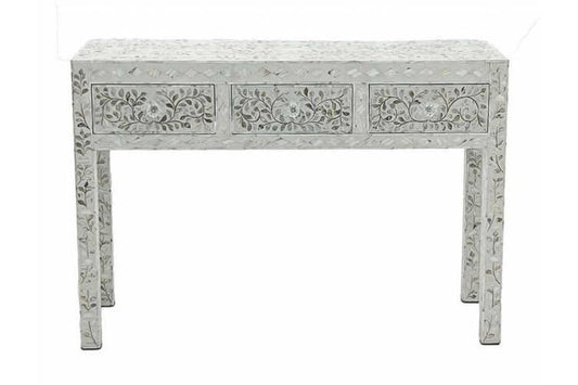 Handmade mother of pearl white study table, Mother of pearl white desk table, Mother of pearl white writing table, Three drawer study table
