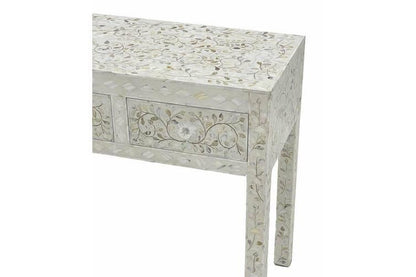 Handmade mother of pearl white study table, Mother of pearl white desk table, Mother of pearl white writing table, Three drawer study table