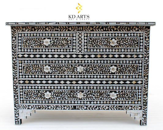 Bone inlay furniture, Handmade furniture, Mother of pearl chest of drawer, Black chest of drawer, Mother of pearl storage unit