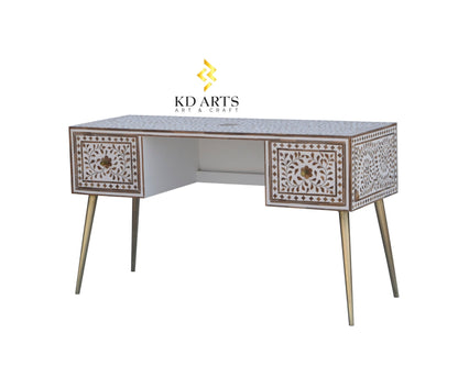 Wood inlay white study table, Wood inlay white desk table, Wood inlay white writing desk, Bone Inlay Handicraft Furniture