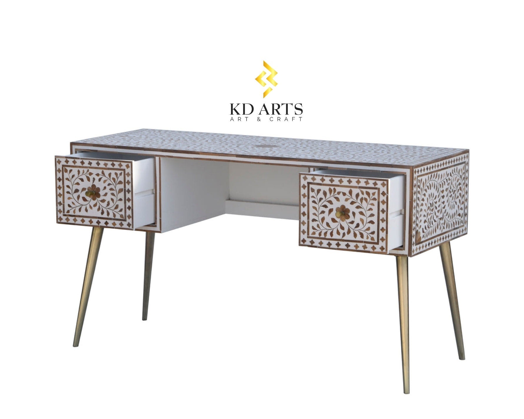 Wood inlay white study table, Wood inlay white desk table, Wood inlay white writing desk, Bone Inlay Handicraft Furniture