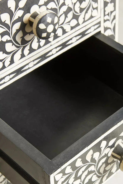 Four drawers bone inlay Tallboy/ Storage unit/Bone Inlay Tallboy Black/ Inlay Cupboard Black/ Tallboy in Black Floral