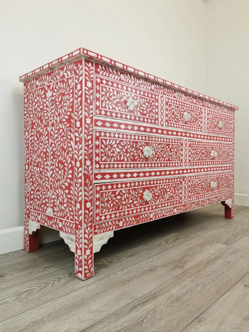 Mother of pearl Inlay seven drawers red chest, MOP inlay red storage unit, MOP inlay brown dresser table, MOP inlay red chest of drawer