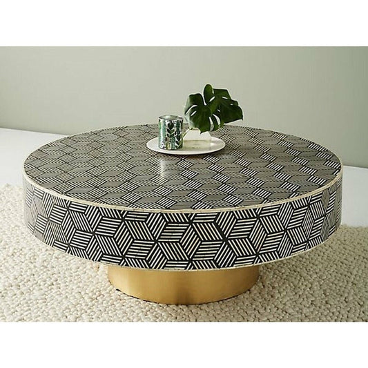Bone Inlay coffee Table, Round coffee table, Black coffee table, Black geometric coffee table, inlay furniture